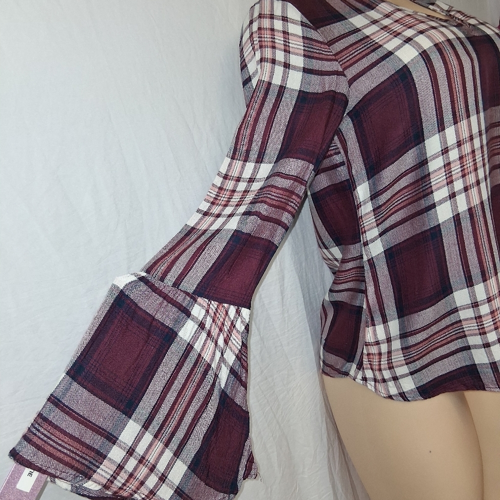 American Rag Cie Plainbell Vtg Burgundy Plaid Choker Blouse.Vtg Boho retro.Casua - Picture 10 of 16